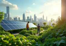 Jardin urbain sur toit avec panneaux solaires en ville