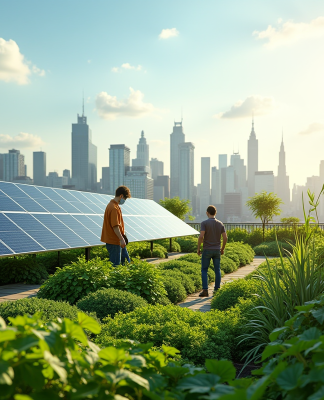 Jardin urbain sur toit avec panneaux solaires en ville