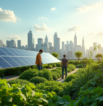 Jardin urbain sur toit avec panneaux solaires en ville