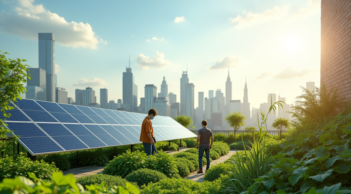 Jardin urbain sur toit avec panneaux solaires en ville