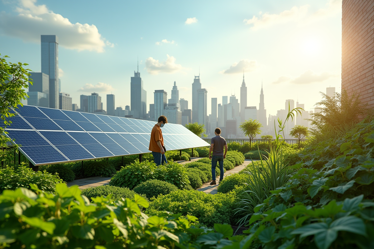 Jardin urbain sur toit avec panneaux solaires en ville