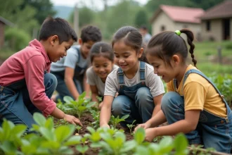 Groupe d'enfants et d'adultes dans un jardin communautaire