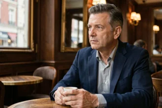 Homme d'âge mûr assis dans une brasserie parisienne traditionnelle, regard pensif, évoquant une figure publique discrète au cœur d'une controverse médiatique