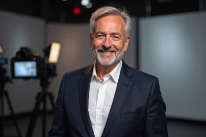 Portrait de Jean-Luc Reichmann animateur de télévision français dans un studio moderne, sourire chaleureux et blazer marine élégant