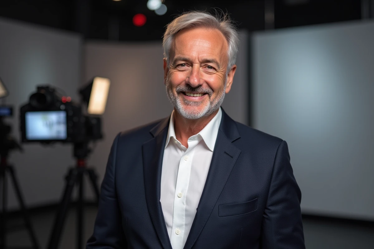 Portrait de Jean-Luc Reichmann animateur de télévision français dans un studio moderne, sourire chaleureux et blazer marine élégant