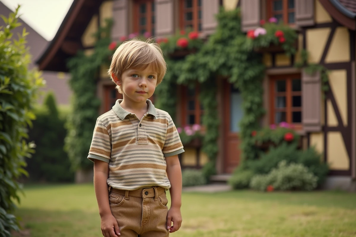 Photo vintage d'un jeune garçon alsacien dans les années 1970 devant une maison à colombages, évoquant l'enfance et les origines de Jean-Luc Reichmann