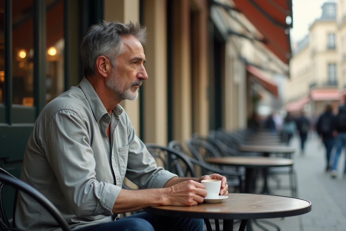 Homme d'âge mûr assis en terrasse de café parisien, évoquant l'enfance et les origines alsaciennes de Jean-Luc Reichmann dans un décor urbain authentique