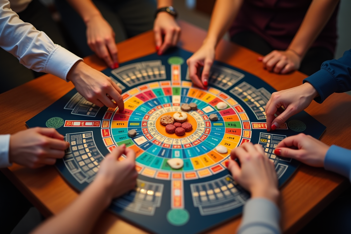 Vue du jeu Trivial Pursuit en cours avec mains et pièces sur la table en bois