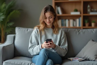 Jeune femme concentrée jouant à Candy Crush dans un salon cosy
