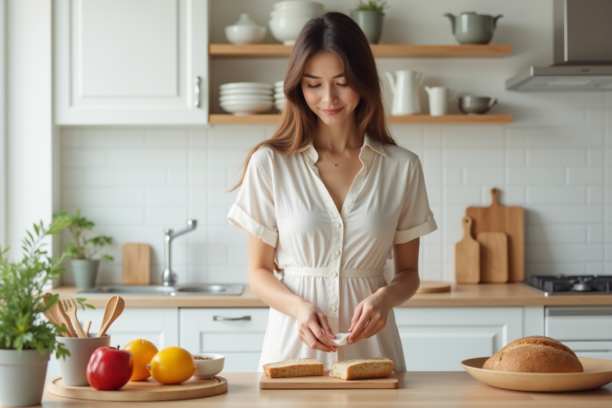 Jeune femme préparant un petit déjeuner dans la cuisine