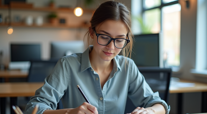 Jeune femme en train de dessiner des wireframes sur une tablette numérique