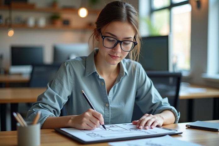 Jeune femme en train de dessiner des wireframes sur une tablette numérique
