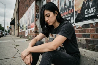 Jeune femme emo assise sur des marches en béton devant un mur de briques couvert d'affiches de concerts, adoptant une pose introspective typique de la culture emo