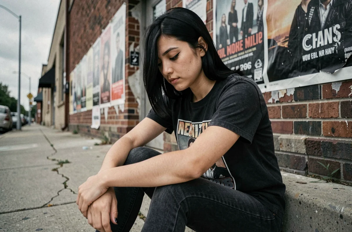 Jeune femme emo assise sur des marches en béton devant un mur de briques couvert d'affiches de concerts, adoptant une pose introspective typique de la culture emo