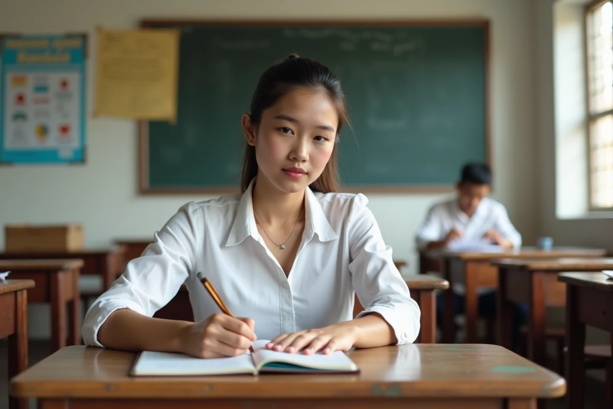 Jeune femme écrivant dans un cahier dans une salle lumineuse