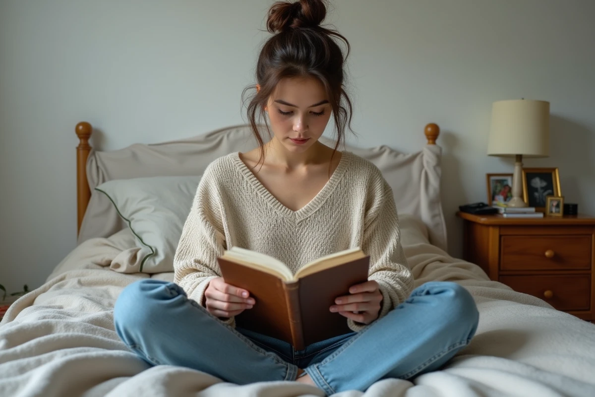 Jeune femme lisant un journal dans sa chambre modeste
