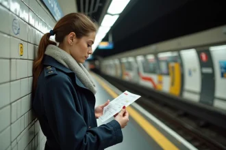 Jeune femme dans le métro de Paris vérifiant un horaire