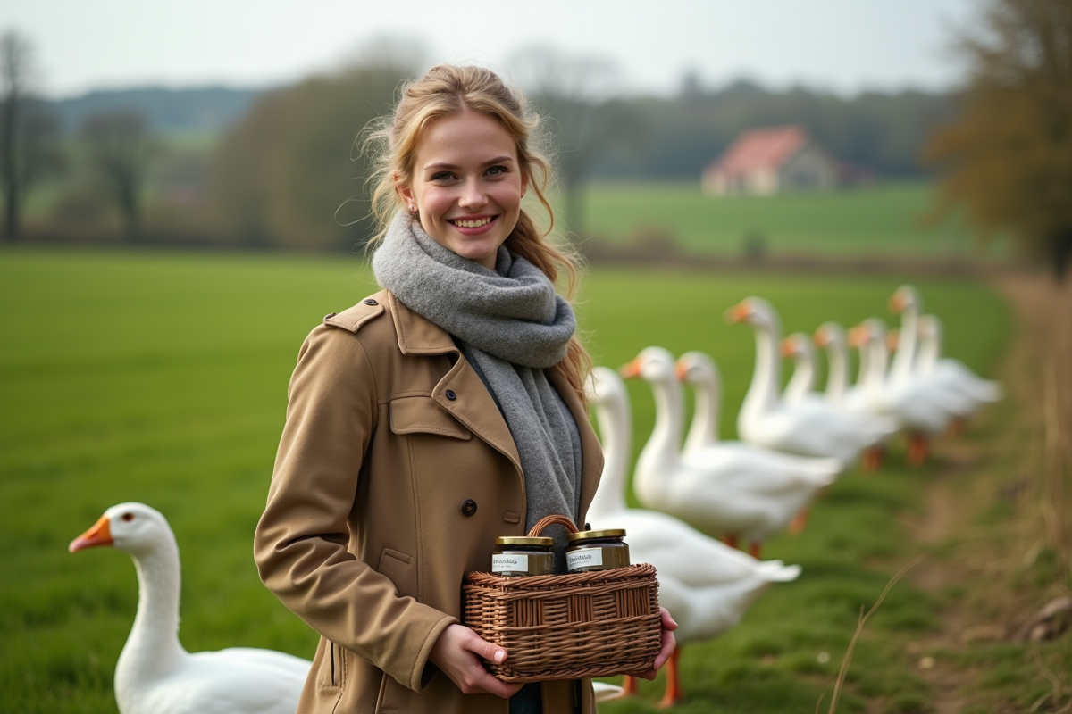 Jeune femme dans la campagne avec des géese et foie gras