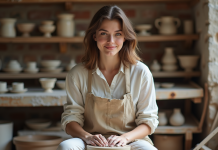 Jeune femme façonnant de l'argile dans un atelier parisien