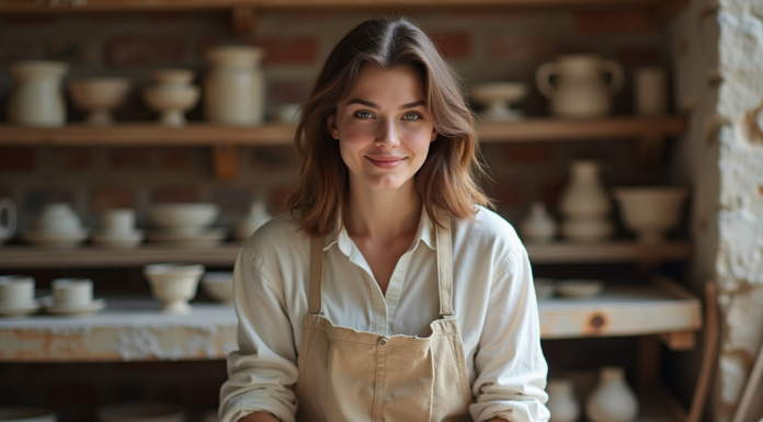 Jeune femme façonnant de l'argile dans un atelier parisien