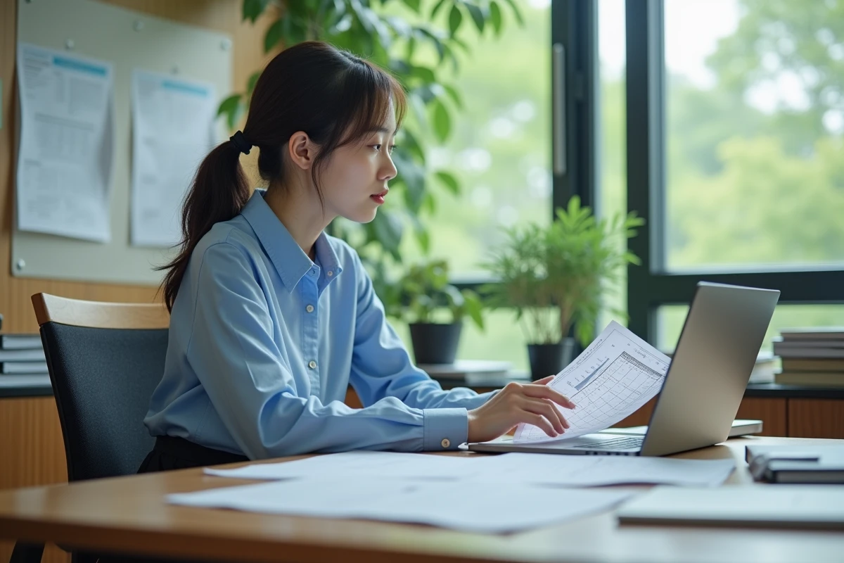 Jeune femme japonaise analysant données sismiques en bureau