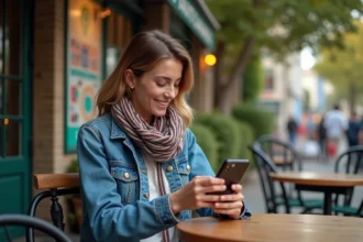 Jeune femme avec smartphone au café festival en plein air