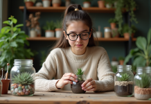 Jeune femme arrangeant des succulentes dans un terrarium à Paris