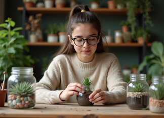 Les meilleurs ateliers DIY terrarium à Paris Jeune femme arrangeant des succulentes dans un terrarium à Paris