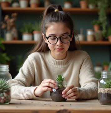 Les meilleurs ateliers DIY terrarium à Paris Jeune femme arrangeant des succulentes dans un terrarium à Paris
