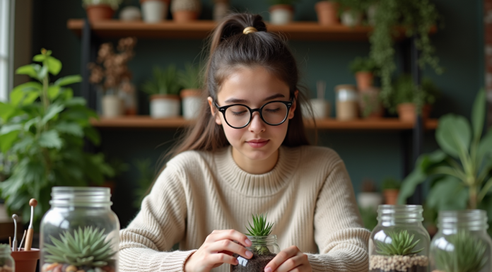 Jeune femme arrangeant des succulentes dans un terrarium à Paris