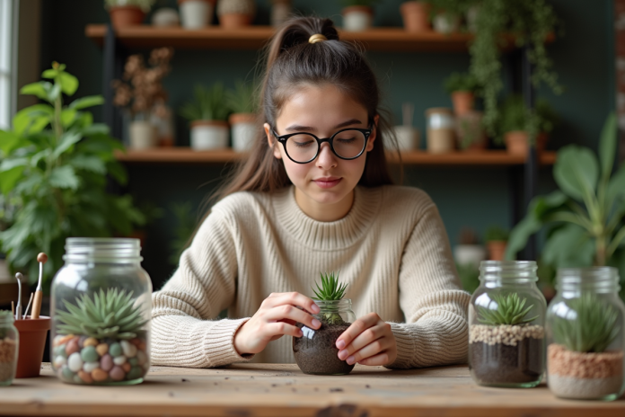 Jeune femme arrangeant des succulentes dans un terrarium à Paris