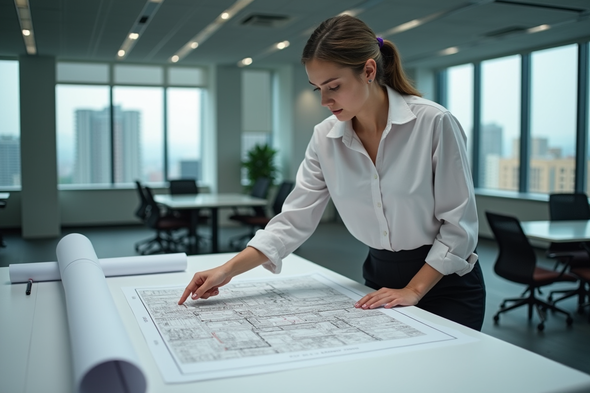 Jeune femme urbaniste pointant une carte de zonage en intérieur