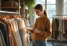 Jeune femme examine étiquettes vêtements dans boutique écologique