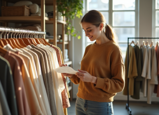 Vêtement durable : comment le reconnaître et l’adopter de manière éco-responsable ? Jeune femme examine étiquettes vêtements dans boutique écologique