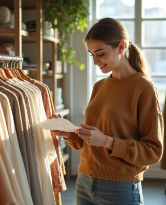 Jeune femme examine étiquettes vêtements dans boutique écologique
