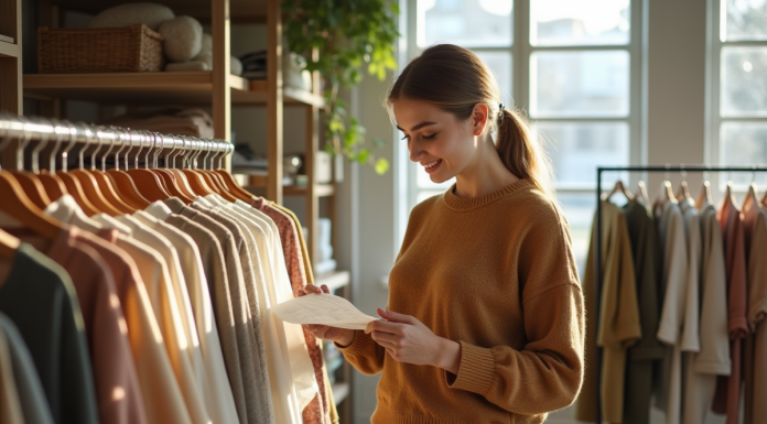 Jeune femme examine étiquettes vêtements dans boutique écologique
