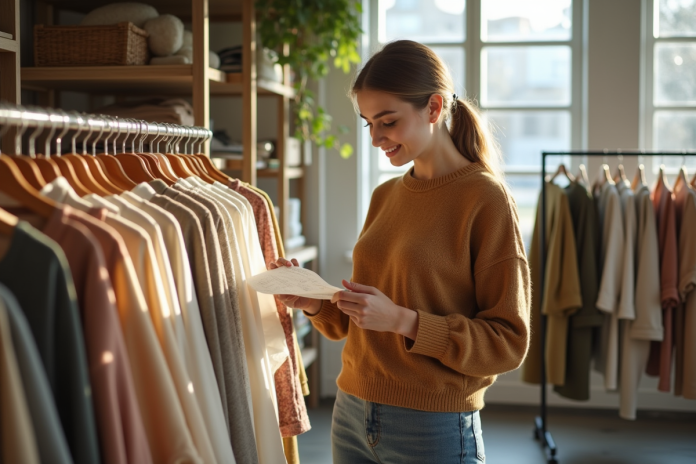 jeune-femme-vetements-boutique Jeune femme examine étiquettes vêtements dans boutique écologique