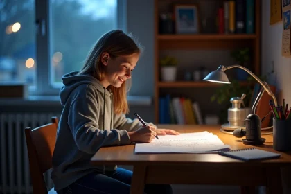 Jeune fille en hoodie étudie l'astronomie à son bureau
