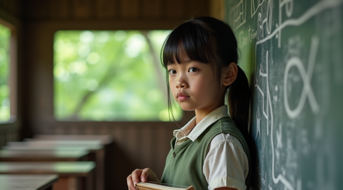 Jeune fille en uniforme devant un tableau d'ardoise en plein air