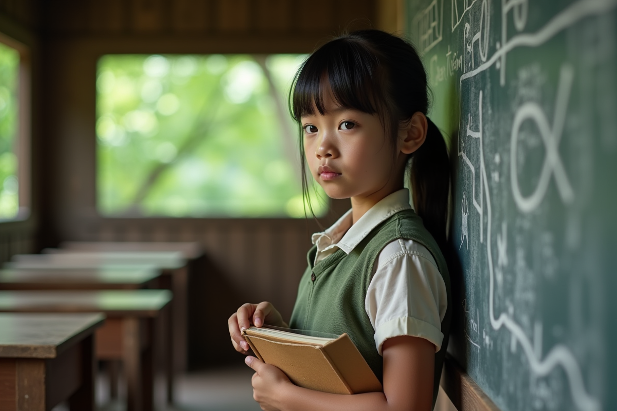 Jeune fille en uniforme devant un tableau d'ardoise en plein air