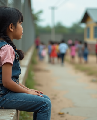 Jeune fille assise sur un pas de béton regardant l'école