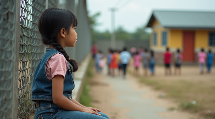 Jeune fille assise sur un pas de béton regardant l'école