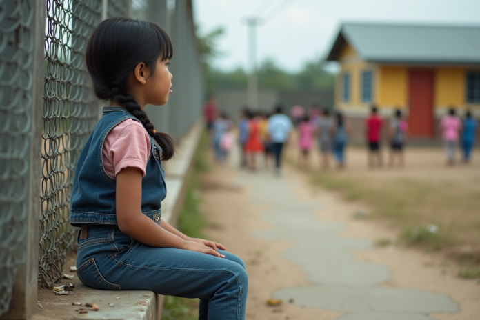 jeune-fille-sentiment-d-exclusion Jeune fille assise sur un pas de béton regardant l'école