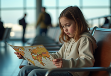 Quel âge enfant pour partir faire le tour du monde ? Conseils et recommandations Jeune fille curieuse regardant une carte du monde à l'aéroport