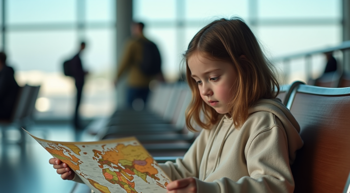 Jeune fille curieuse regardant une carte du monde à l'aéroport
