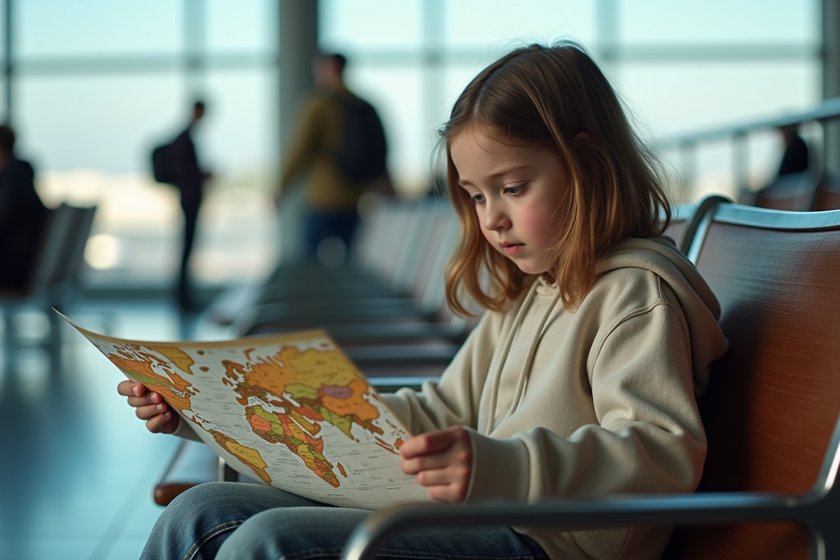 Jeune fille curieuse regardant une carte du monde à l'aéroport