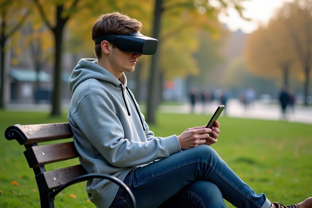 Jeune homme avec lunettes AR assis dans un parc urbain
