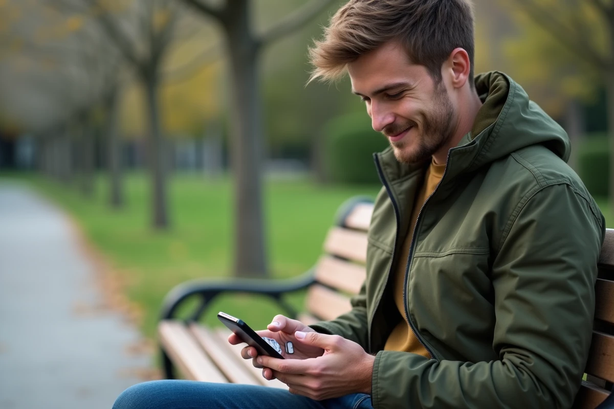Jeune homme insérant une carte SIM Orange dans son smartphone en extérieur