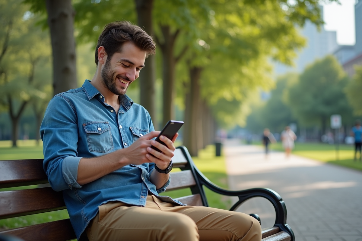 Jeune homme utilisant une application bancaire en plein air