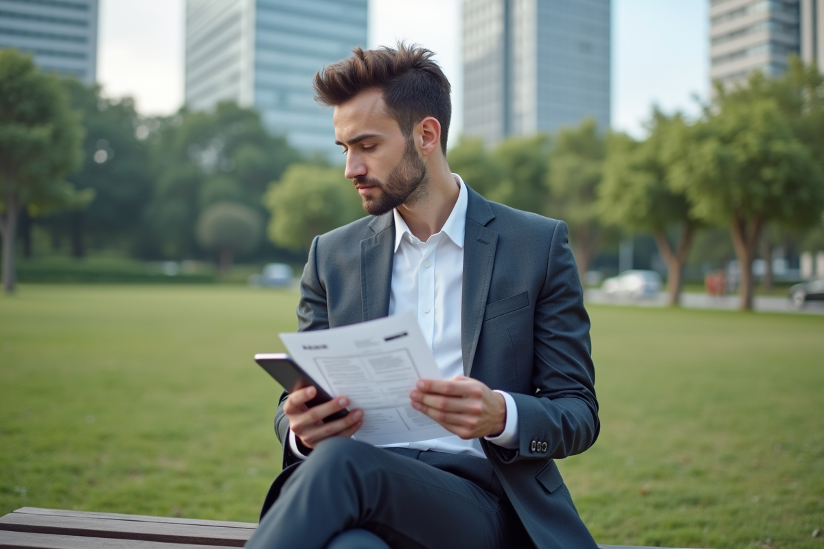 Jeune homme regardant un relevé bancaire dans un parc